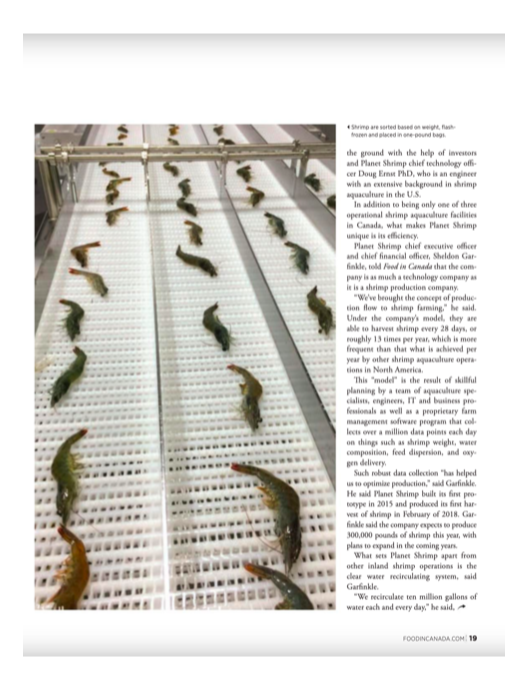 PlanetShrimpCo's tweet photo. "We are as much of a technology company as we are a shrimp company." Check out the article on Planet Shrimp featured in this month's edition of @FoodinCanada! https://t.co/ua2FuuEbY2