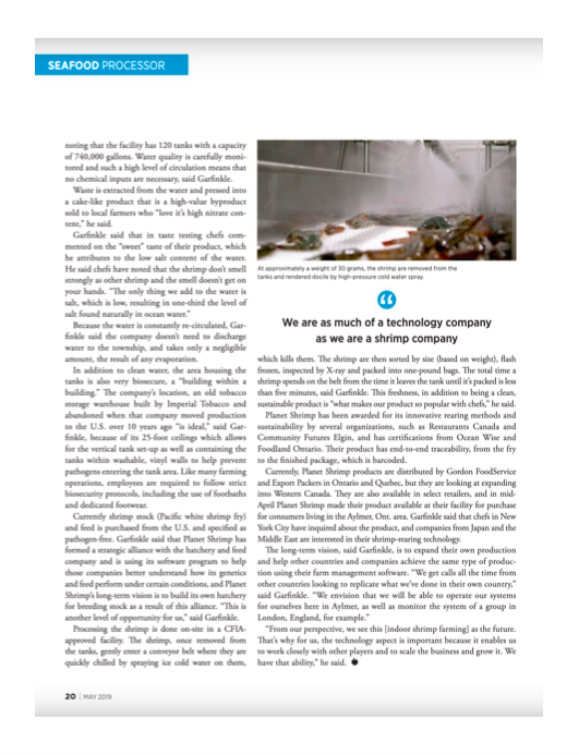 PlanetShrimpCo's tweet photo. "We are as much of a technology company as we are a shrimp company." Check out the article on Planet Shrimp featured in this month's edition of @FoodinCanada! https://t.co/ua2FuuEbY2
