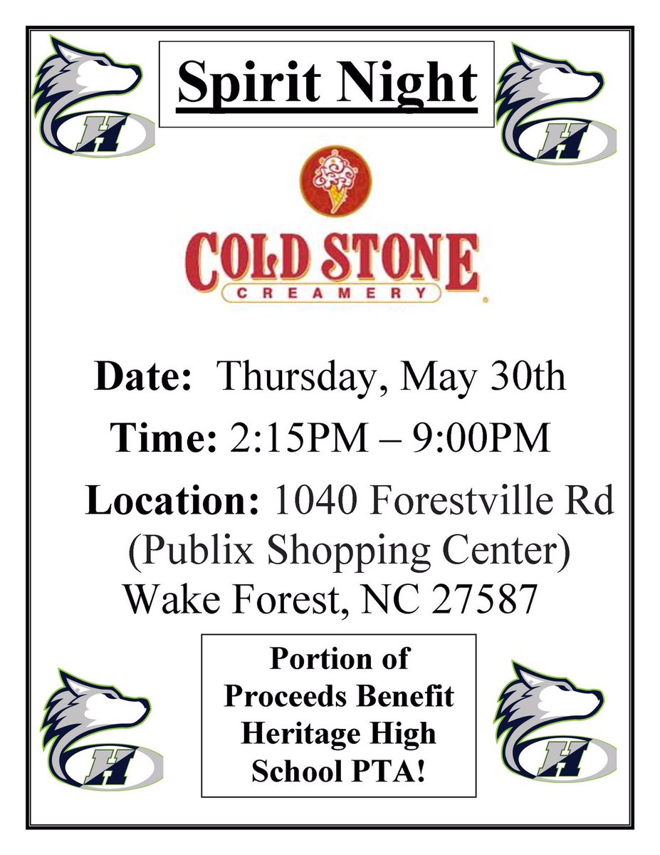 HeritageHSPTSA's tweet photo. Cool off at Cold Stone! Today 2:15 - 9:00 PM!  @HHS_Huskies @Husky_Sports @HH_Hooligans @HHS_StudentGov https://t.co/csZNaXmjRx