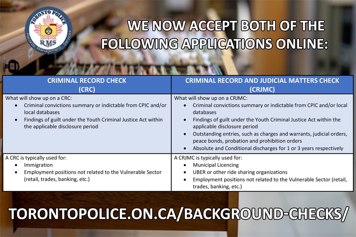 TPS_Records's tweet image. DID YOU KNOW: The @TorontoPolice Records Unit now accepts the Criminal Records &amp;amp; Judicial Matters Checks online! This is the check commonly required by @CityofTO for a business licence, ride sharing companies &amp;amp; a number of others! To apply, visit: torontopolice.on.ca/background-che…