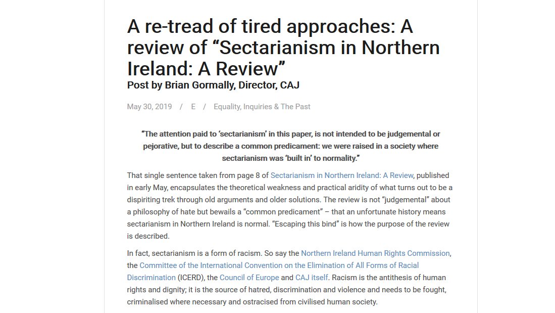 RightsNI's tweet photo. New blog post by Brian Gormally, Director of @CAJNi – He critiques recent publication “Sectarianism in Northern Ireland: A Review” for its failure to acknowledge that sectarianism is a form of racism https://t.co/ml48rm3n7a https://t.co/qvbBiMm595