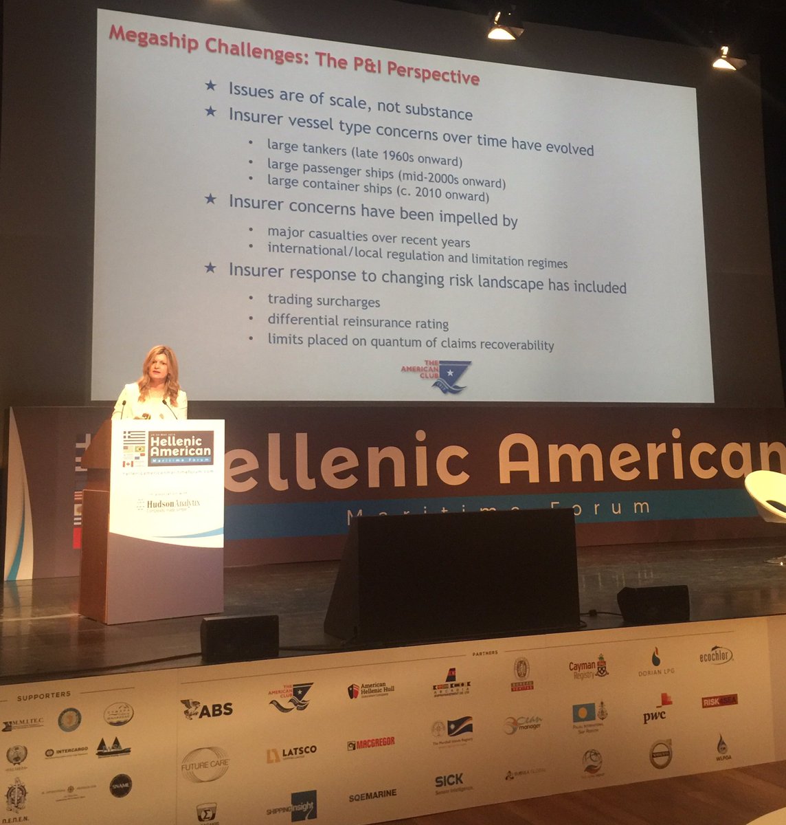 americanpandi's tweet photo. Happeningnow! #americanpandi’s Elina Souli is providing the P&amp;I perspective on “#Megaship Challenges” at the Hellenic American #MaritimeForum sponsored by the American Club and organized by @safety4sea and @ShippingInsight in #Athens. #scb #americanpandi #insurance #shipping https://t.co/4eBGQoTsmn
