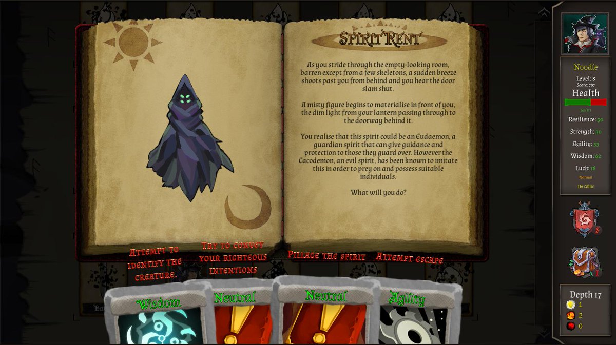 Better quality sneak peak of new event stuff. Now to make the cards more in theme :)

#indiedev #indiegamedev #gamedev #indiegame #rpg #roguelike #roguelite #gaming #madewithunity #Numentale