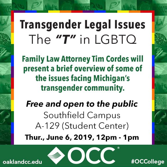OCCollege's tweet photo. Learn about the "T" in #LGBTQ.
Attend #OCCollege's Transgender Legal Issues event on June 6th. Open to the public.
#transgender #diversity #OaklandCounty #WhyOCC https://t.co/ZThM6yfSOv