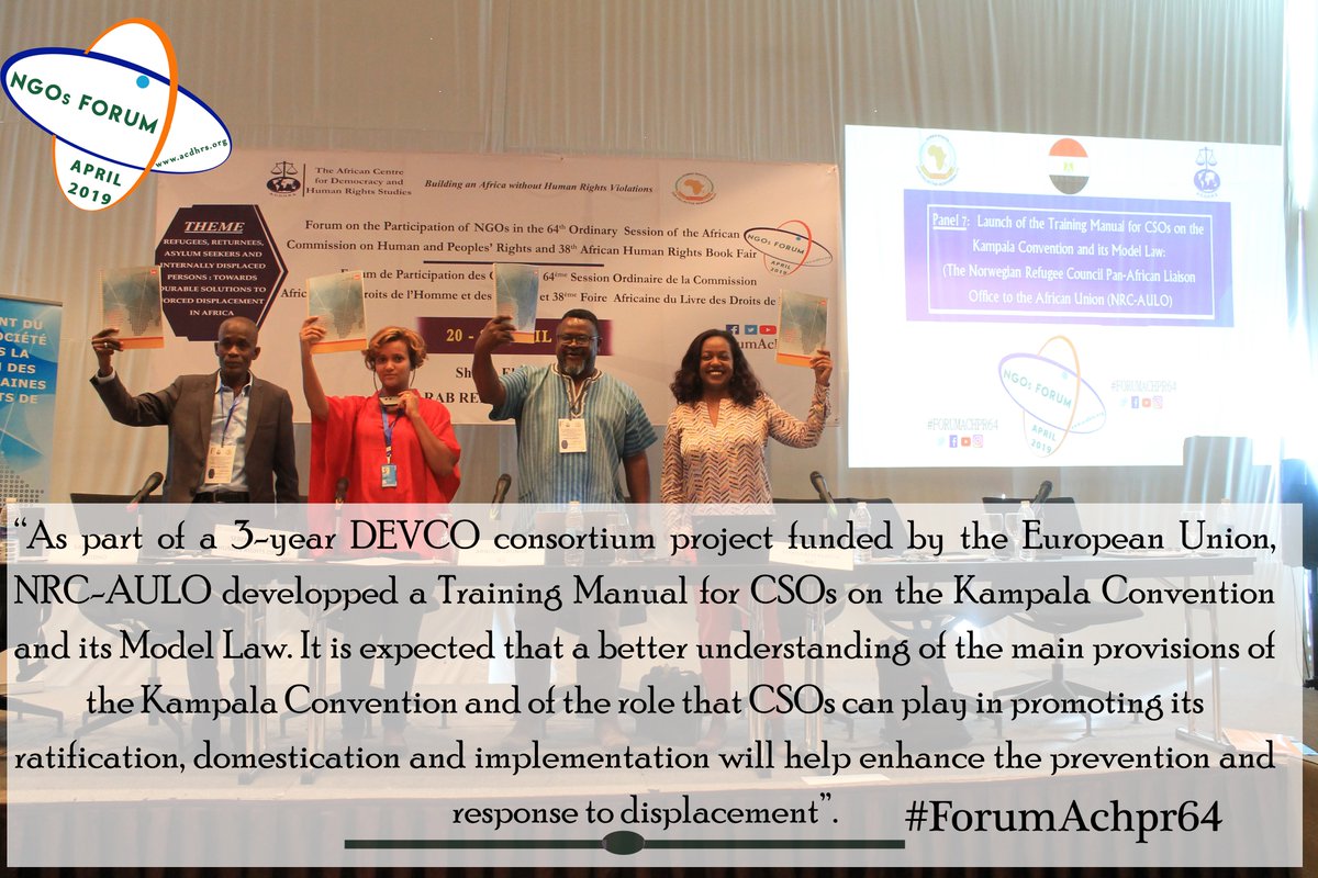 “As part of a 3-year DEVCO consortium project funded by the European Union, NRC-AULO developped a Training Manual for CSOs on the Kampala Convention and its Model Law”. #ForumAchpr64
To download the Manual, click here: acdhrs.org/2019/05/manual…