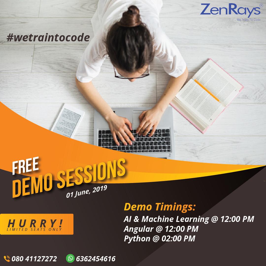 Zenrays's tweet photo. Hurry! Free Demo Sessions on 01 June, 2019
Just Call/ WhatsApp @ + 91 6362454616 || 080 41127272 to reserve your seats.
#wetraintocode #Coding #Programming #Bangalore #India
#ThursdayThoughts #ThursdayMotivation #thursdayvibes #ThrowbackThursday
#Nesamani #Pray_for_Naesamani https://t.co/D4fFADopXF