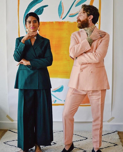 Mrs. Carolina Caicedo and Mr. George Wesbter in their <a href="/CaselyHayfordUK/">Casely-Hayford London</a>  bride and groom wedding suits #caselyhayford
