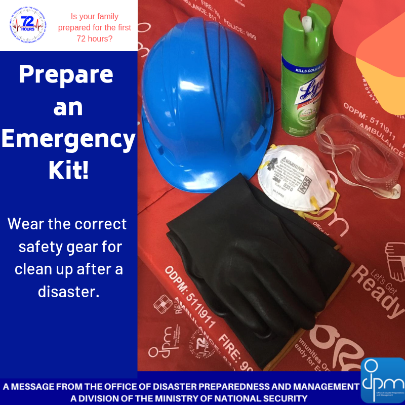 ODPM_TT's tweet photo. Avoid injuries after a hurricane or any hazard by wearing the correct safety gear during clean up. This includes a hard hat, thick gloves, boots or sturdy shoes and a dust mask and/or goggles. #Emergencykitchallenge #PPE  #Letsgetready #Stayready #ODPMTT https://t.co/NzhQ0J6vgh