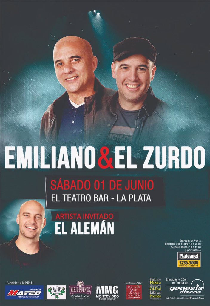 Las mejores voces del Uruguay en  La Plata!  
Este sábado no te pierdas a <a href="/EmiyZurdo/">Emiliano Y El Zurdo</a> en el <a href="/ELTEATROBARLP/">EL TEATROBAR LAPLATA</a> 
Artística invitado <a href="/ElAlemanUruguay/">El Alemán</a> 
 Anticipadas en <a href="/GenesisDiscos/">Genesis Discos</a>