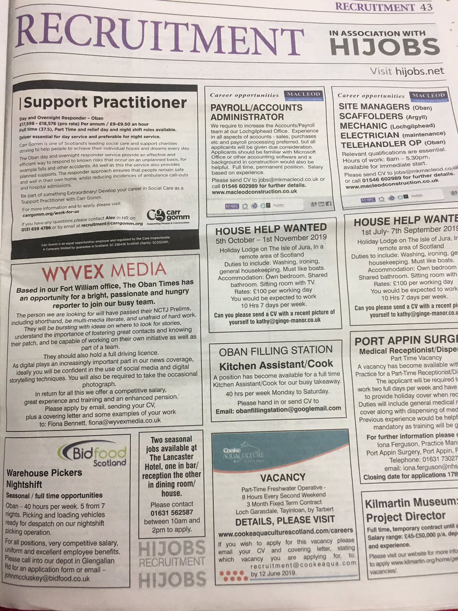 EDT_WHC's tweet image. The latest employment opportunities courtesy of the Lochaber and Oban Times 30/05/2019 #skillsforemployment
