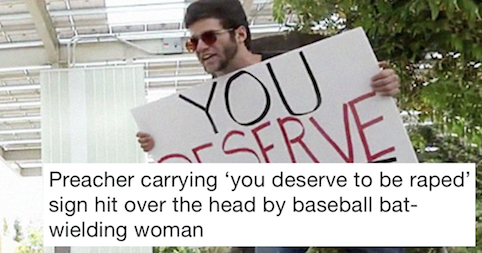 ThePoke's tweet photo. This ‘street preacher’ was hit by a woman with a baseball bat and these 13 responses are A++
https://t.co/z38StqHsh0 https://t.co/RV7fdgrqzk