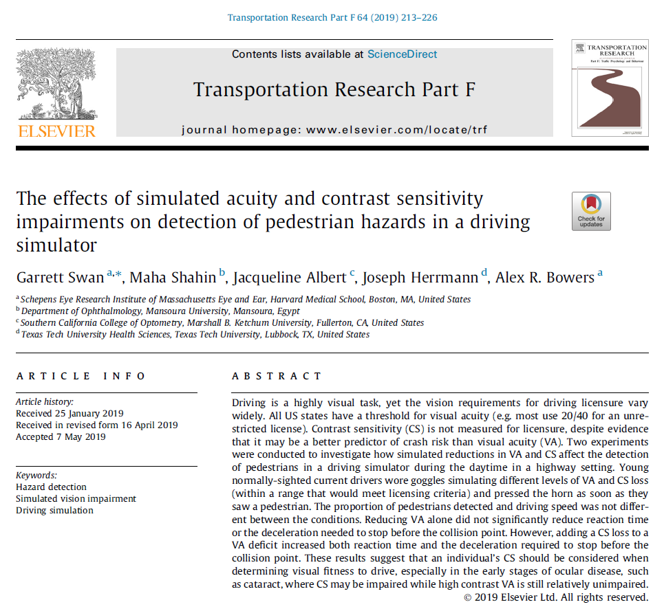 bowers_lab's tweet photo. Our most recent paper on the effects of simulated vision impairment on pedestrian detection performance was published in Transportation Research Part F and is now available online: https://t.co/OwZCZgXT0G https://t.co/YSaW7zAc5h