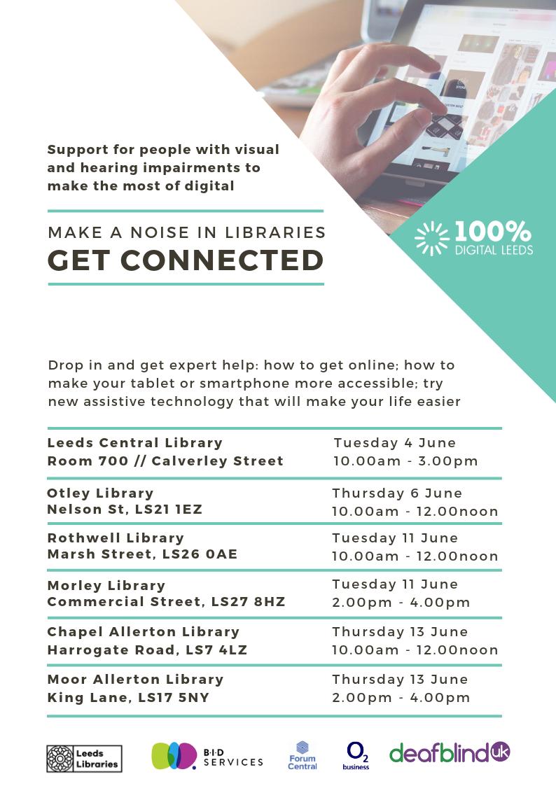 leedslibraries's tweet photo. Next week is #MANIL19 and 100% Digital Leeds have got big plans! Drop in for expert support and advice for people with visual and hearing impairments looking to get online #DigitalInclusion https://t.co/5sIVAcOUAa