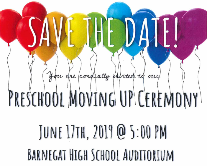 We will be hosting our 1st Preschool Moving UP Ceremony for students moving on to Kindergarten! The event will be held on June 17th @ 5:00 PM in the Barnegat High School auditorium. #barnegatpreschool #movingup