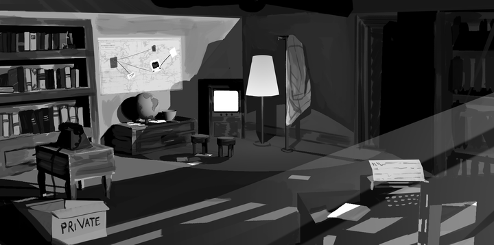 Achromatic_Game's tweet photo. As the end of the production is near, you can see how we worked on the film noir mood from the concept art to our current result @Cnam_Enjmin #hitsplaytime #gameart #indiedev #madewithunity #filmnoir #puzzlegame #indiegame #illustration #detective https://t.co/6C4s8nGihY