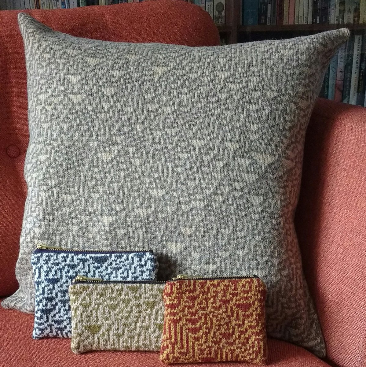 knotunknot's tweet photo. Lots of new Rule 30 knitting will await you this weekend at #DesignMarket2019 in @fruitmarket. Purses, handbags, cushion covers and, of course, the mathematician's essential pencil cases! #mathscraft #hackedknittingmachine #cellularautomata #handmadeinscotland https://t.co/0dOVrhgiKD