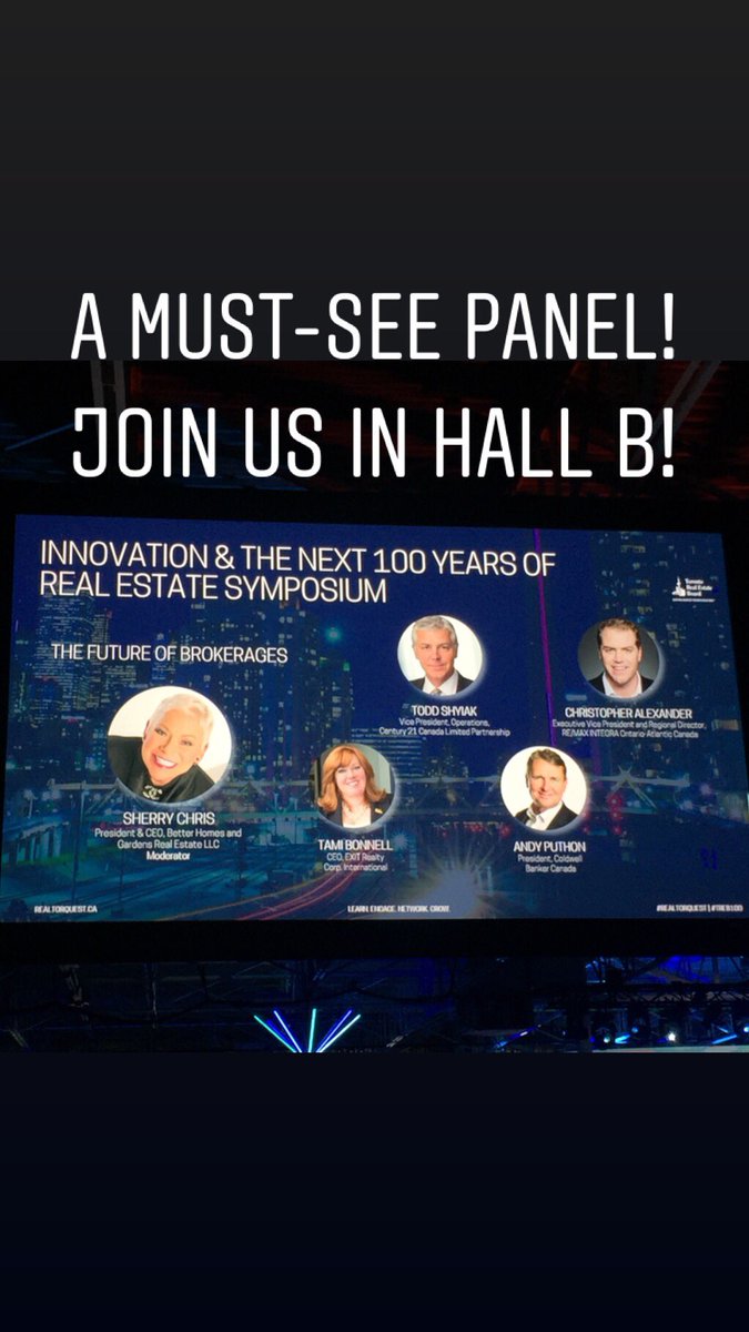 TheReal_TRREB's tweet photo. Want powerful insights into “The Future of Brokerages" in the next 100 yrs? Catch this panel moderated by @sherrychris ft. @Tamibonnell, @ToddShyiak, Christopher Alexander &amp; Andy Puthon, part of #TREB100 Symposium in Hall B! https://t.co/6TJ1DxsLKC