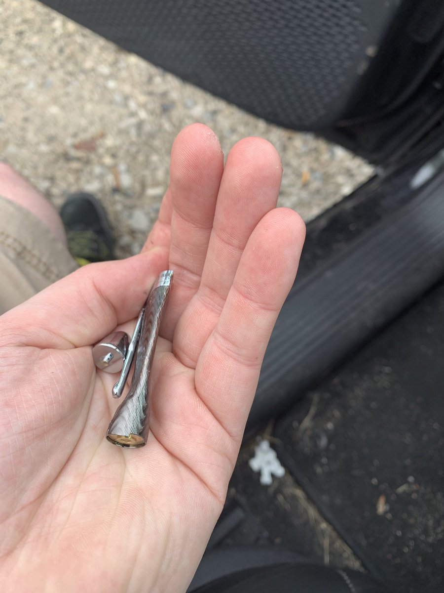 xTh3Weatherman's tweet photo. @GouletPens had an unfortunate incident with a cap on my Conklin herringbone coming out of my pocket, when I went to retrace my steps, I found this. Is there any chance you guys could help me get a replacement cap? https://t.co/UPpqhnWGg8