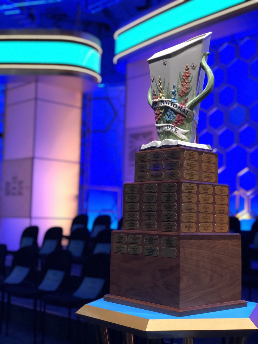 It’s happening! Spellers are making their way to the stage for the start of the Finals at 10 a.m. Each of these spellers is already a champion, but who of them will bring home the Scripps Cup? Watch to find out! #spellingbee