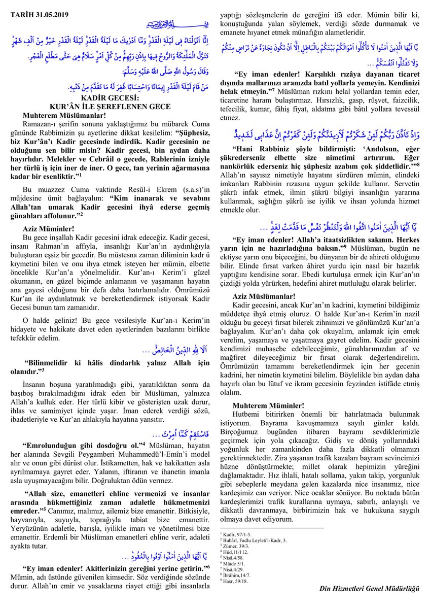 Haftanın Hutbesi (Kadir Gecesi: Kur’ân İle Şereflenen Gece – 31.05.2019) Hutbeler: www2.diyanet.gov.tr/DinHizmetleriG… #Hutbe #HaftanınHutbesi #CumaHutbesi #Diyanet