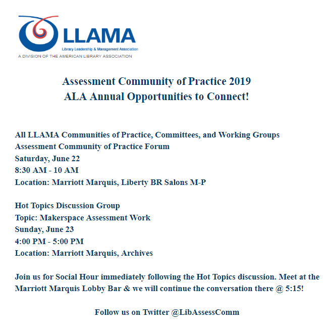 LibAssessComm's tweet image. ALA Annual 2019 Opportunities to Connect with the Library Assessment Community!