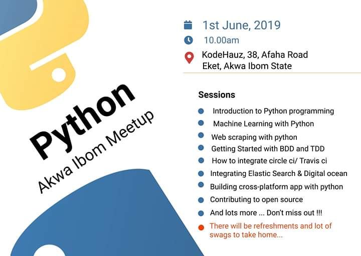 kodehauz's tweet image. Python meet up is 2 days away.
Join us for a wonderful session
Lets learn
Lets share
Lets develop our tech community.
Come lets do it the python way.
Don't miss out!
#kodehauz #pythonmeetup2019
@PythonAkwaIbom @ThePSF
@PythonNigeria