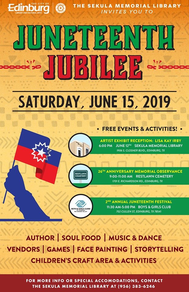 cityofedinburg's tweet photo. Don’t forget to makes plans on joining us for the annual Juneteenth Jubilee on Saturday, June 15, 2019! Vendors, children’s crafts &amp; activities, soul food, storytelling &amp; more will be at this event! See ya there! https://t.co/utMqa1K3zg