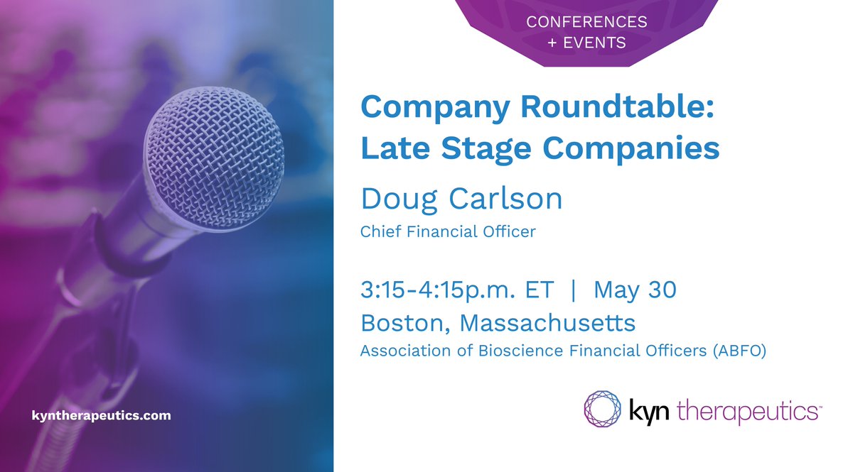 IkenaOncology's tweet photo. There's great value in the exchange of information. Today Kyn CFO, Doug Carlson, will join panelists from @Pepper_Law and @ApellisPharma to discuss financial opportunities and challenges for late-stage #biotech companies. Details here: https://t.co/RfqtrayBVv #ABFO https://t.co/BhIbUg8WAt