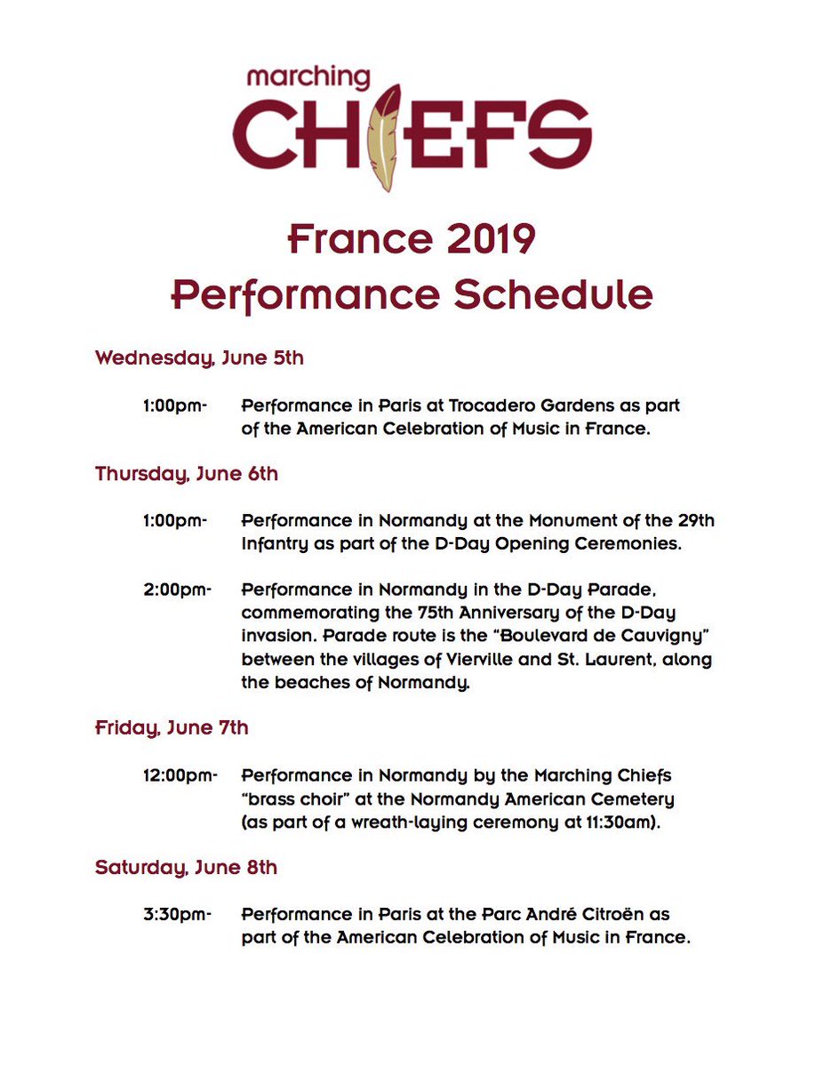 Here is a glimpse at our performance schedule in France next week, including our appearances in Normandy commemorating the 75th anniversary of the D-Day invasion. #MCATDT #France2019 #DDay75