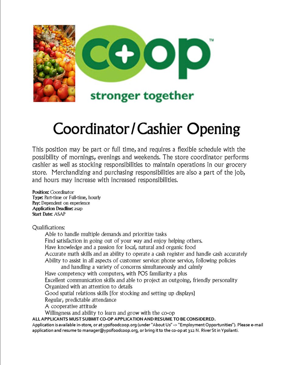 The Co-op is hiring cashiers! Apply today!