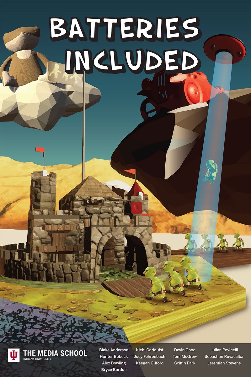 IUMediaSchool's tweet image. In the game "Batteries Included" by student team @ShadowShrimpDev, your alien toys have dubbed themselves knights and taken your castle. New in the Student Work Gallery: go.iu.edu/2aLr.