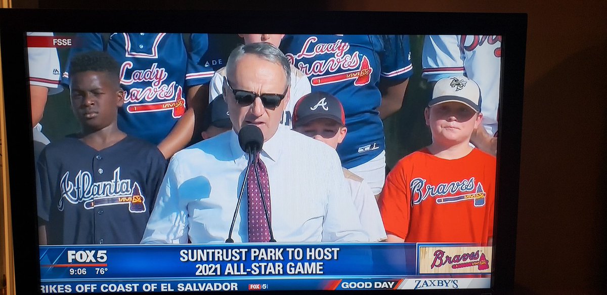 wmsandwms's tweet photo. My little man and his partner-in-crime at SunTrust Park for the Braves announcement of the 2021 all-star game...a sign of great things to come🤔...perhaps https://t.co/QRbGqetptE