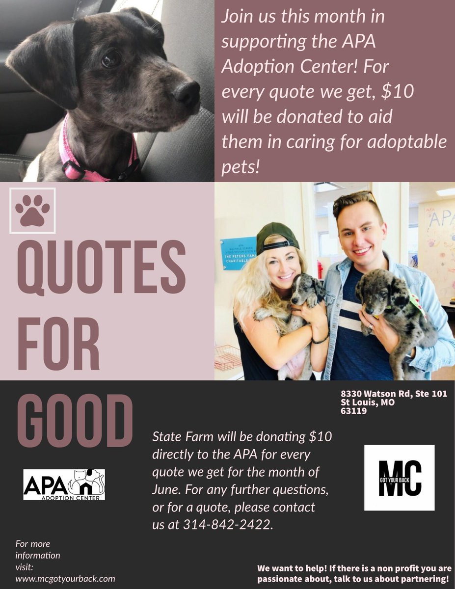 APAofMO's tweet photo. The Melissa Carlton State Farm Agency (@MCGotYourBack) will be supporting the APA for the entire month of June through their quotes for good program! For every quote they get in June, they’ll donate $10 to support our cause! If you’d like to one, give them a call at 314-842-2422. https://t.co/X1z38XI6n9