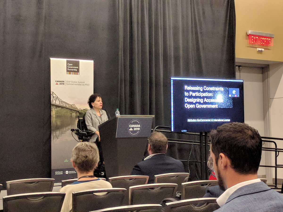 sboots's tweet photo. “How do we help public servants design and deliver services that are actually accessible? And, how do we create an accessibility-comfortable public service, where people feel comfortable and confident having conversations about accessibility?” @yazminelaroche at #OGPCanada #a11y https://t.co/lb0EHXKpwt