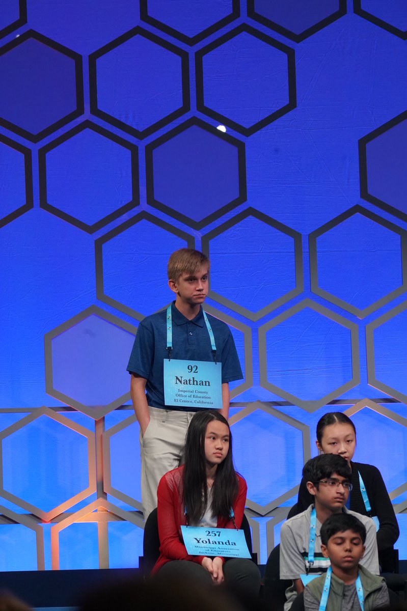 Waiting to spell is first word. Since I can’t say or spell it I won’t tell you what it is. #speller92 #goNathan #spellingbee