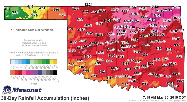 MichaelSeger's tweet photo. 4 years ago we also had historic rains. Atoka with over 28” of rain!

Hard to believe anything could match/top the last 30 days, but don’t have to go back very far

Heaviest rains in 2015 were southeast. Rivers in NE Oklahoma taking more of hit this year 

Maps @okmesonet #okwx https://t.co/u35sK3cUFw