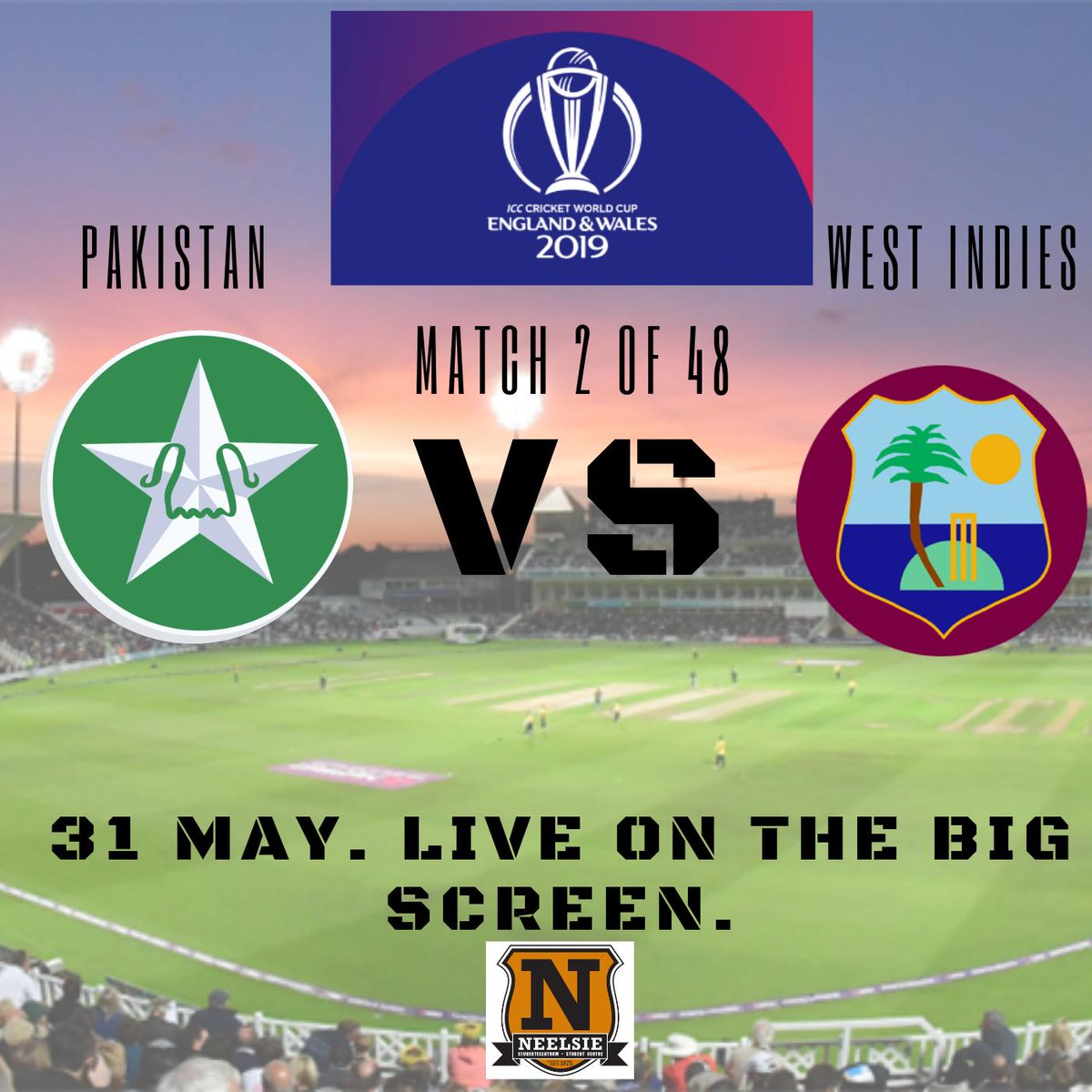 Match 2 between the West Indies &amp; Pakistan will be broadcast live tomorrow in the Neelsie!