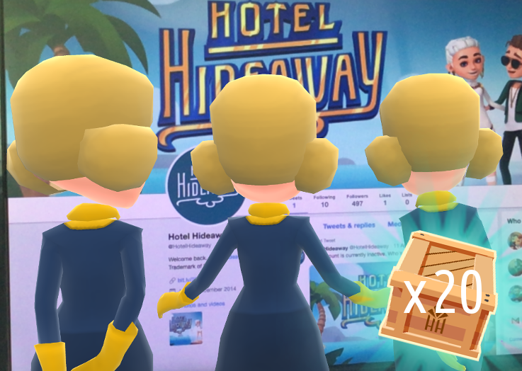 HotelHideaway's tweet photo. HELLO, Twitter!

We want to see how many Hotel Hideaway regulars are here. Follow us and ReTweet this tweet to have a chance of winning 20 regular Carpenter Crates!

(There will be 20 winners - this means a combined total of 400 crates are up for grabs!) #HotelHideaway https://t.co/hf3I3Ujx9w
