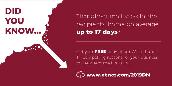 Did you know…that direct mail stays in the recipients' home on average up to 17 days? Get your free copy of our White Paper, 11 compelling reasons for your business to use direct mail in 2019. cbncs.com/2019DM #directmail #marketing #directmailmarketing