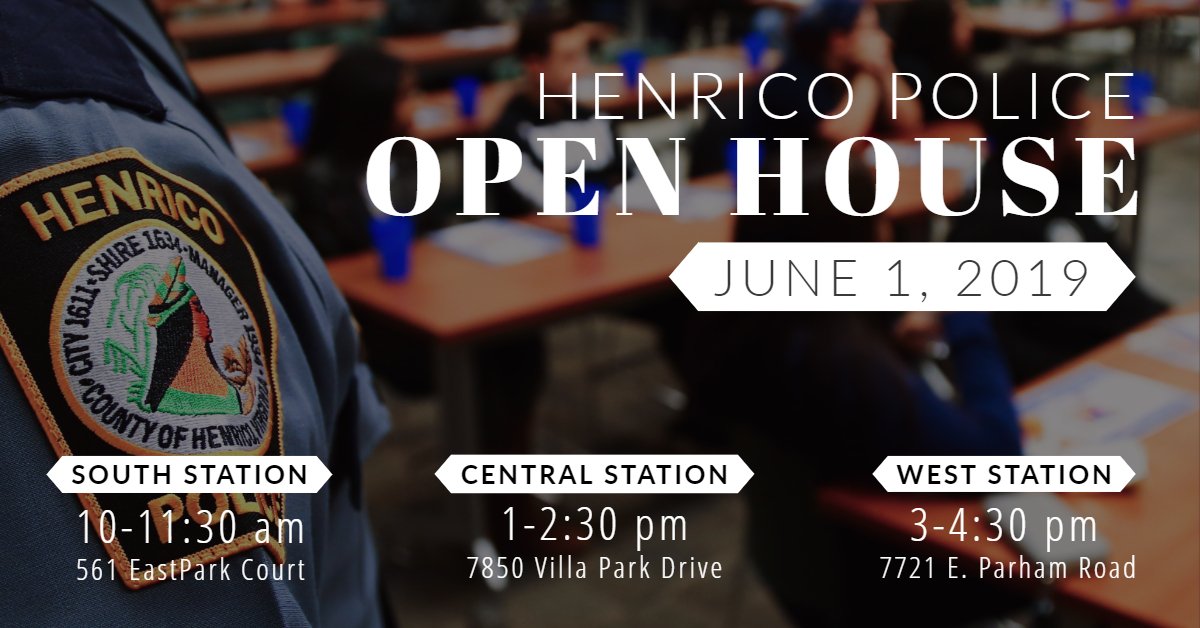 HenricoPolice's tweet photo. Police Station Open Houses this Saturday! ๐ Meet with the Chief, as well as the Commanding Officer and community officers from your #Henrico patrol station. We'll have station tours, specialized police units and equipment, crime prevention tips and more. Come see us! Details ๐ https://t.co/H4Ot5nxWco