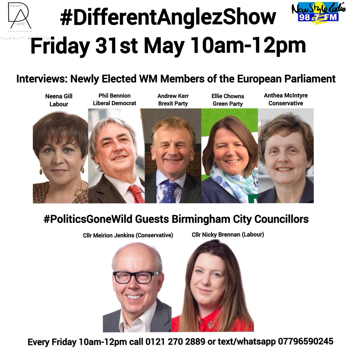 NewStyleRadio's tweet photo. Tomorrow 10am-12pm on the #DiferentAnglezShow with host Charmaine @DifferentAnglez interviews w/ newly elected WM MEPs @NeenaGmep @PhilBennion @anthea_mcintyre @ellie_chowns #AndrewKerr & #PoliticsGoneWild w/ guests Bโham City Councillors @meirionj @nickyebrennan https://t.co/dhqDvrPDpa