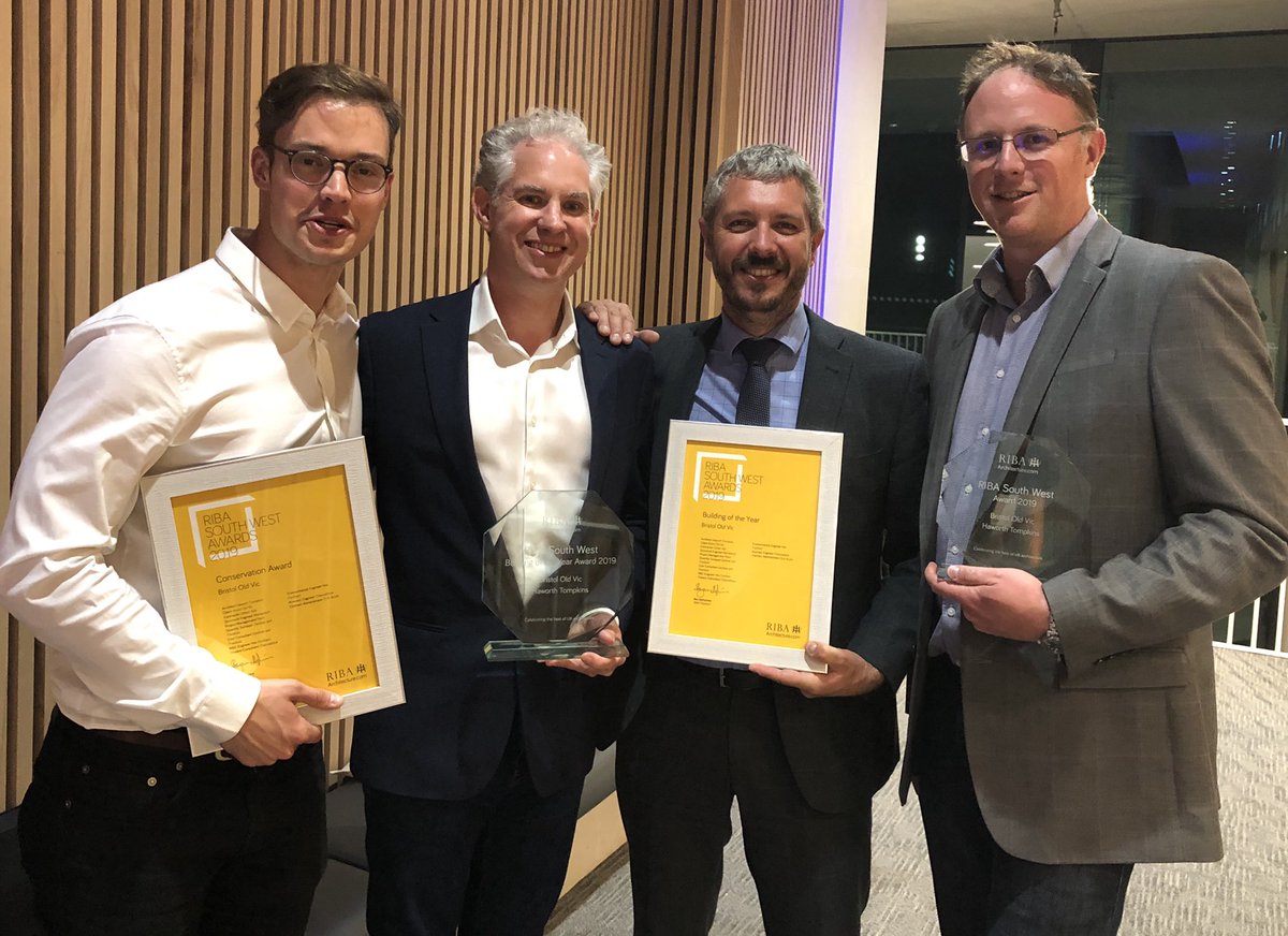 jacktilbury's tweet photo. Jason Barnes and I @plannprojects together with Project Architect Tom Gibson and client Erick Muzard receiving three awards at the RIBA South West Awards last night including Building of the Year for @BristolOldVic Congrats to @haworthtompkins and the whole team. https://t.co/78hVZFQwpt