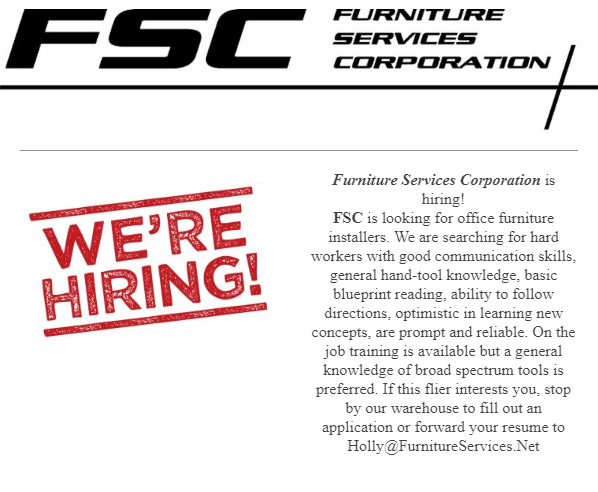 FurnitureSvcFL's tweet photo. FSC is excited to announce that we are hiring! #HiringEvent #CentralFlorida #JobSeekers #FloridaJobs #Installer #FurnitureInstallersNeeded #NowHiring https://t.co/W7FjmoVB3z