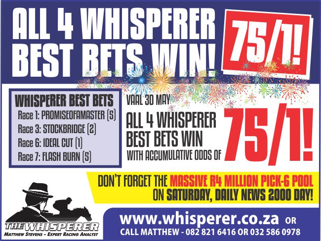 whisperermatt's tweet image. NEWSFLASH! All 4 Whisperer best bets won today, with accumulative odds of 75/1! #formanalysis #value #bestbet whisperer.co.za