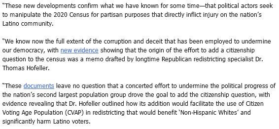 NALEO's tweet photo. #BREAKING #CensusGate #Census2020 

Statement from @ArturoNALEO following the release of new evidence that shows that discriminatory redistricting motivations were behind #SecretaryRoss’s decision to add #citizenshipquestion to Census 2020:

Read here 👉 https://t.co/eiL8TwD5Se https://t.co/vMVOVeUVHU
