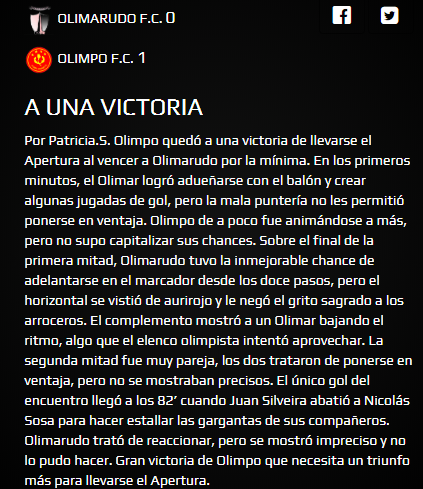 Resumen del último partido vs <a href="/olimpo_senior/">OLIMPO SENIOR</a>  por 
@patososal  de la <a href="/LIGA_MVD/">LIGA MVD</a>
 mas33.ligamvd.com/show_noticia/1…