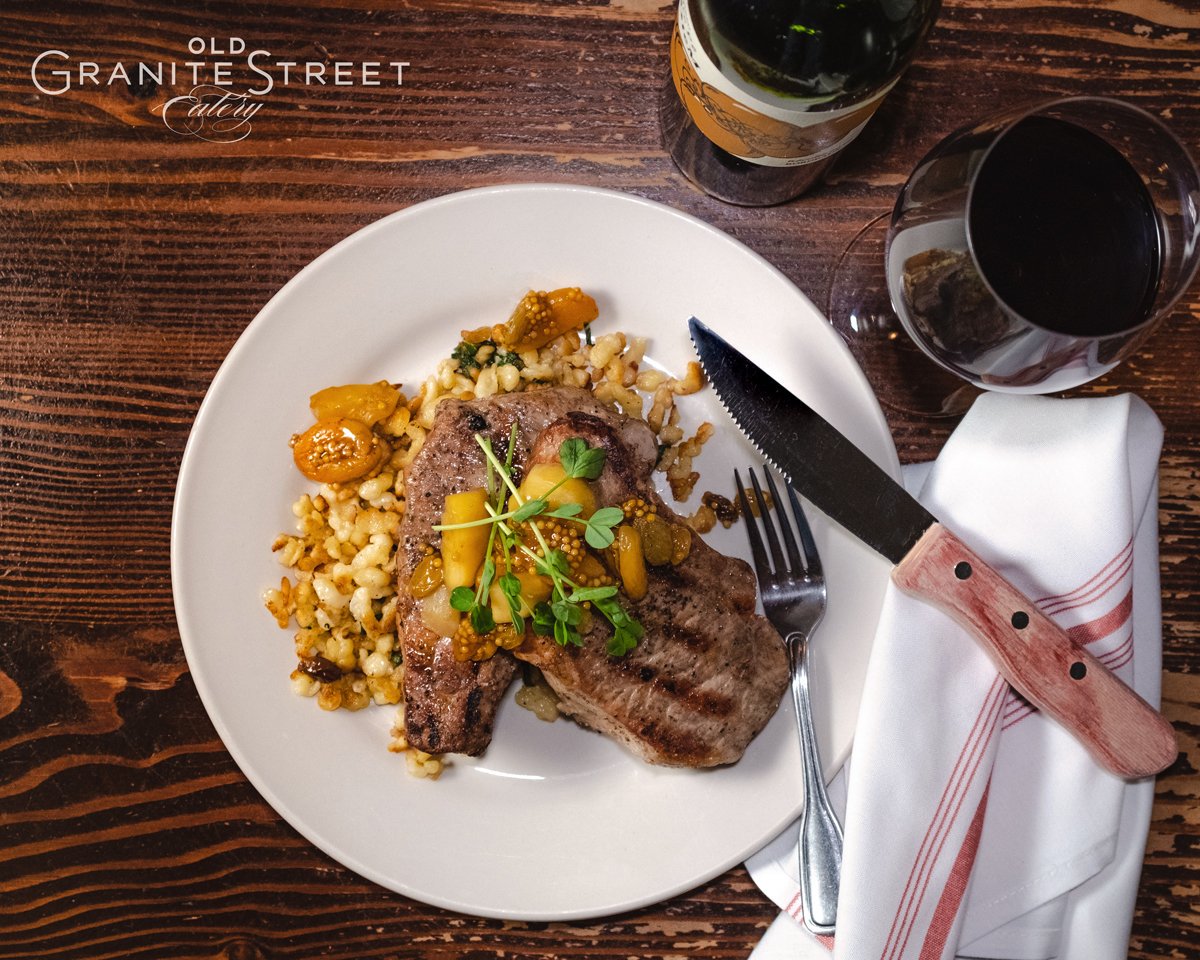 GraniteStEat's tweet photo. Come hungry to enjoy our double cut pork chop with toasted spaetzle, sage butter, and mostarda. View our full menu and book your table now at https://t.co/phxDYim7Kk https://t.co/oQVe98Wzwu