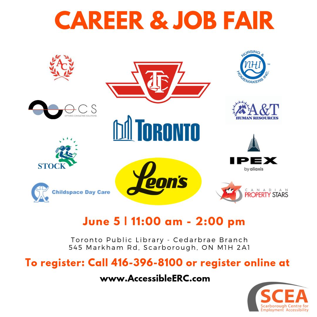 TDSB_CS's tweet photo. SCEA is hosting a GIANT Career Fair on June 5 at Toronto Public Library's Cedarbrae Branch! Opportunities available for 40+ positions! Call 416-396-8100 to register, or see UPDATED flyer at https://t.co/RvlNeTqpvK for more info. #TOJobs https://t.co/z62Cy2YDkv
