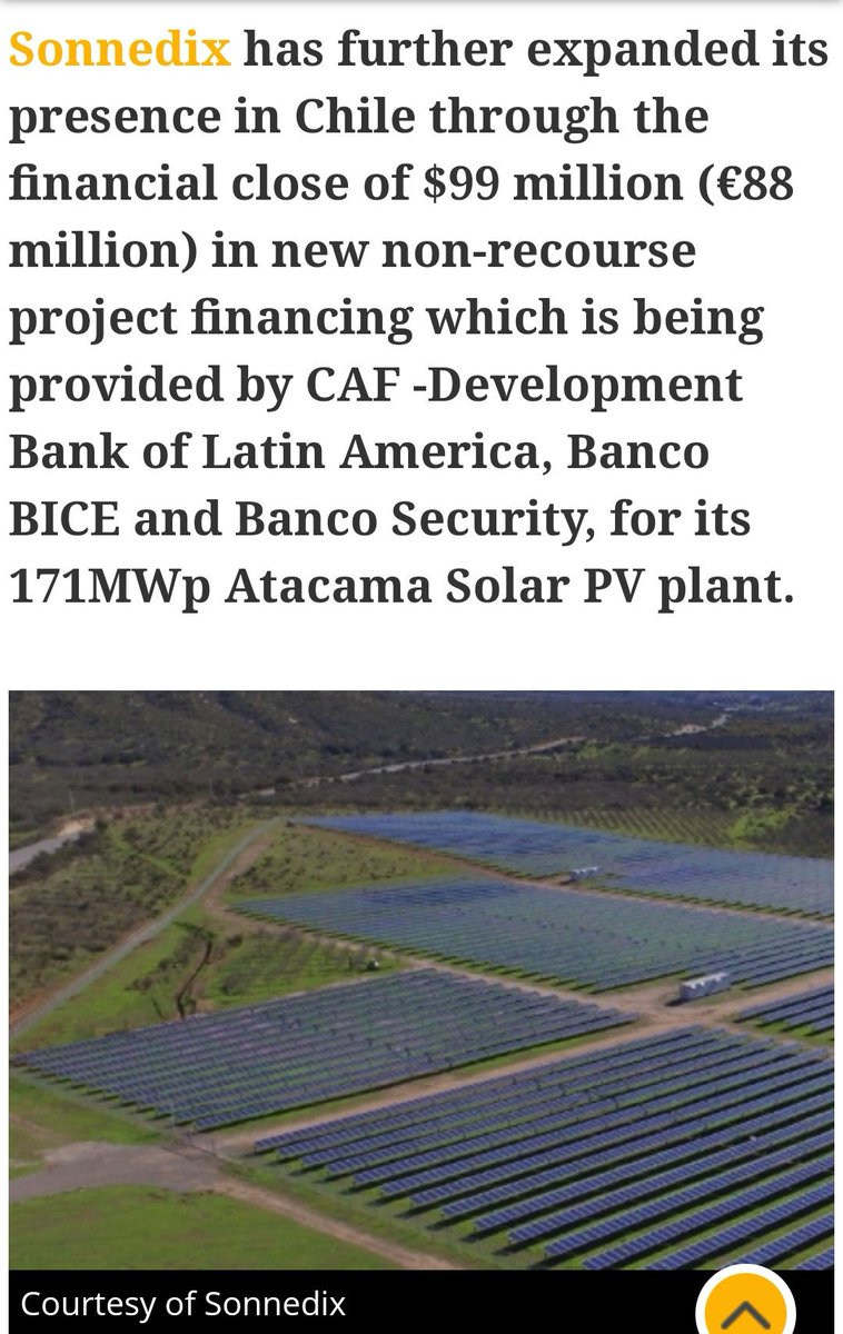 analiaenergia's tweet photo. Otra buena noticia hoy para sector #renovable. @Sonnedix logró financiamiento para Atacama Solar ubicado en #Pica, que se convertirá en el segundo parque fotovoltaico más grande de #Chile. Tres instituciones financieras detrás de este respaldo que logrará desplazar 200.000 tonCO2 https://t.co/s4yxrpWM7j