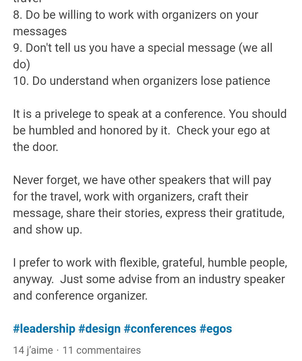 'Be humble it's a privilege to talk to a conference so pay for your own travel and hotel and check your ego at the door'. Wow. The level of bullshit here is amazing.   linkedin.com/feed/update/ur…